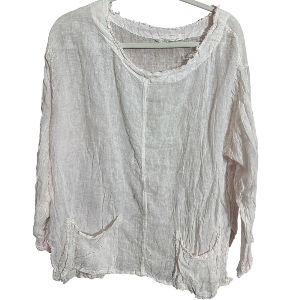 Luna Luz Linen Top Womens Small Pale Pink Gauze Boho Lagenlook Pocket Blouse